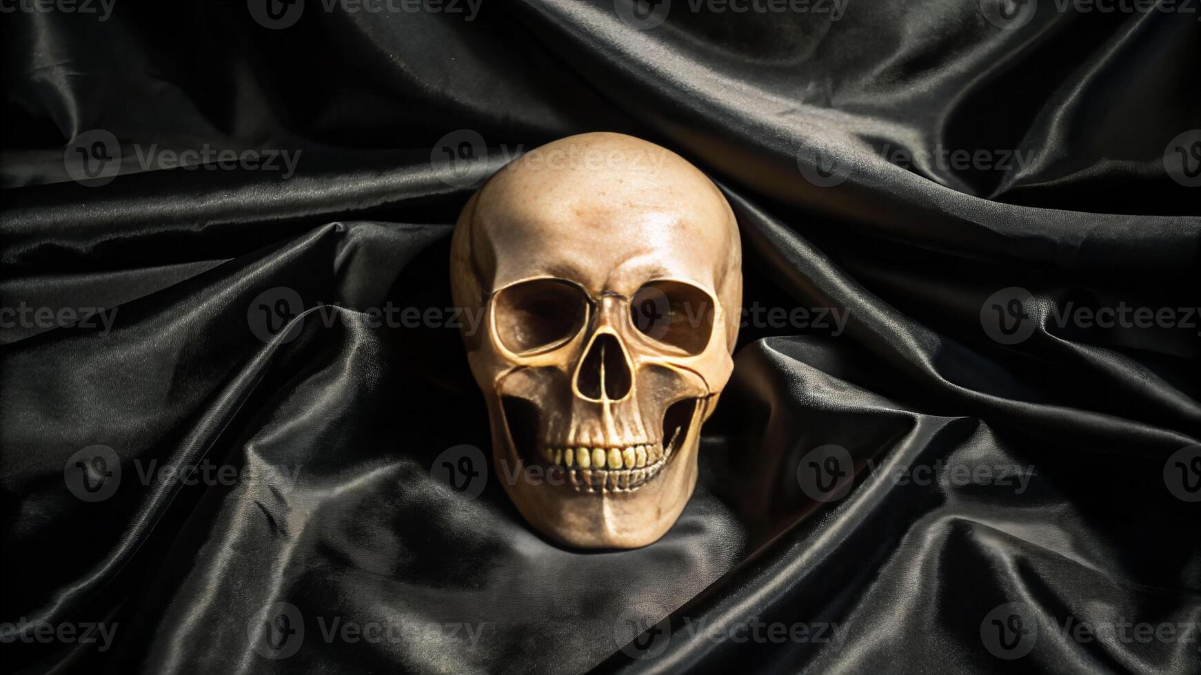 Contemplating death a human skull on dark fabric still life photography mysterious atmosphere close-up perspective photo