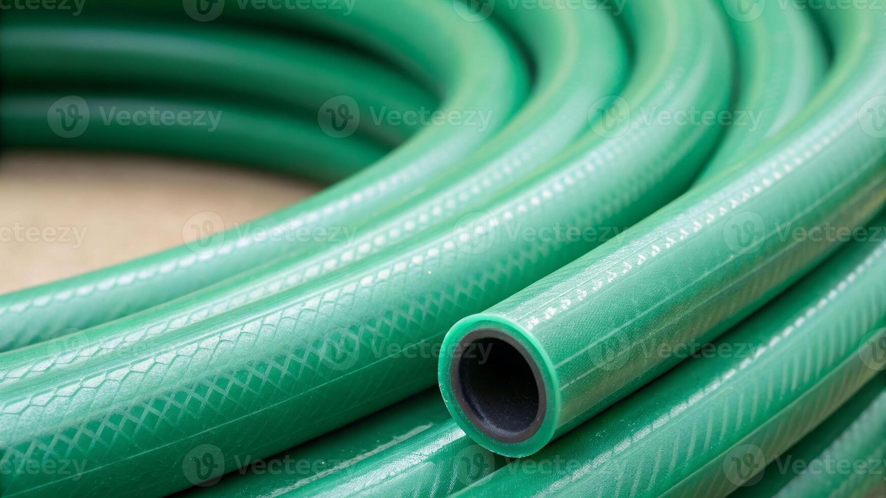 Close-up view of a section of green flexible hose material in industrial environment macro photography perspective photo