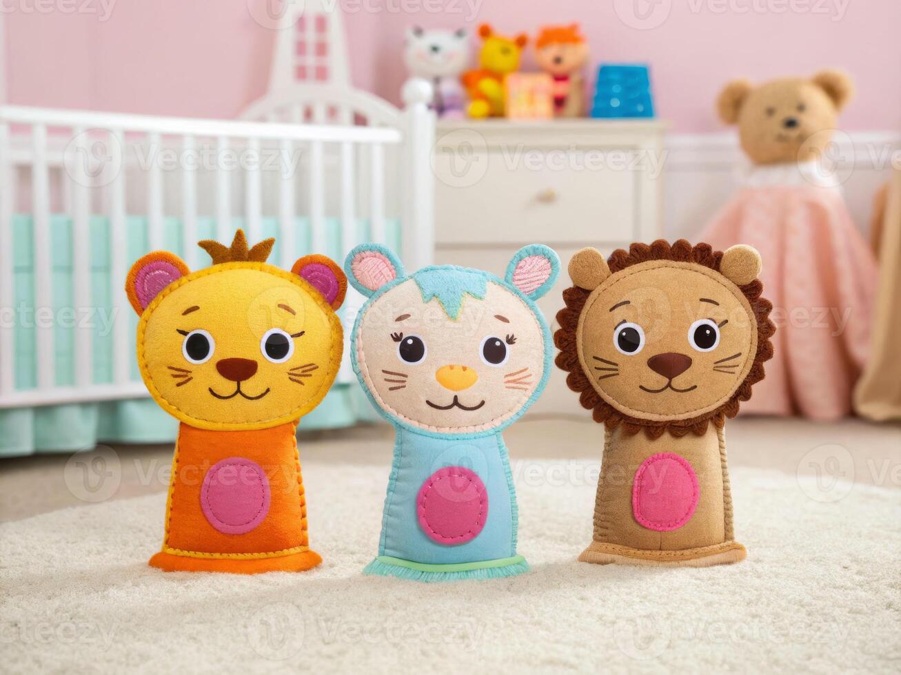 Colorful handmade felt puppets for kids playroom decorative toys cheerful environment vibrant concept of material fun photo