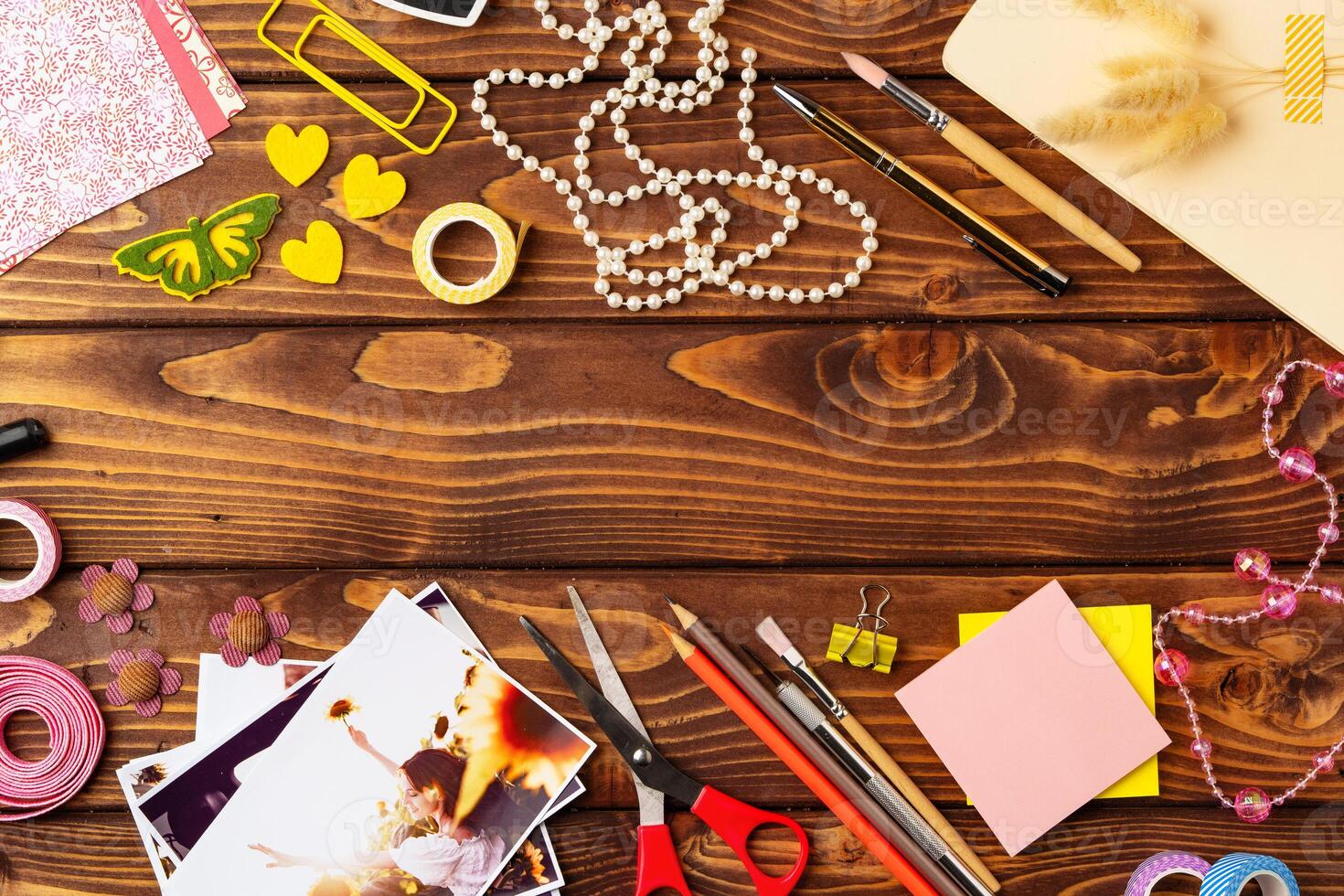 Crafting workspace filled with supplies and creative materials for art projects photo