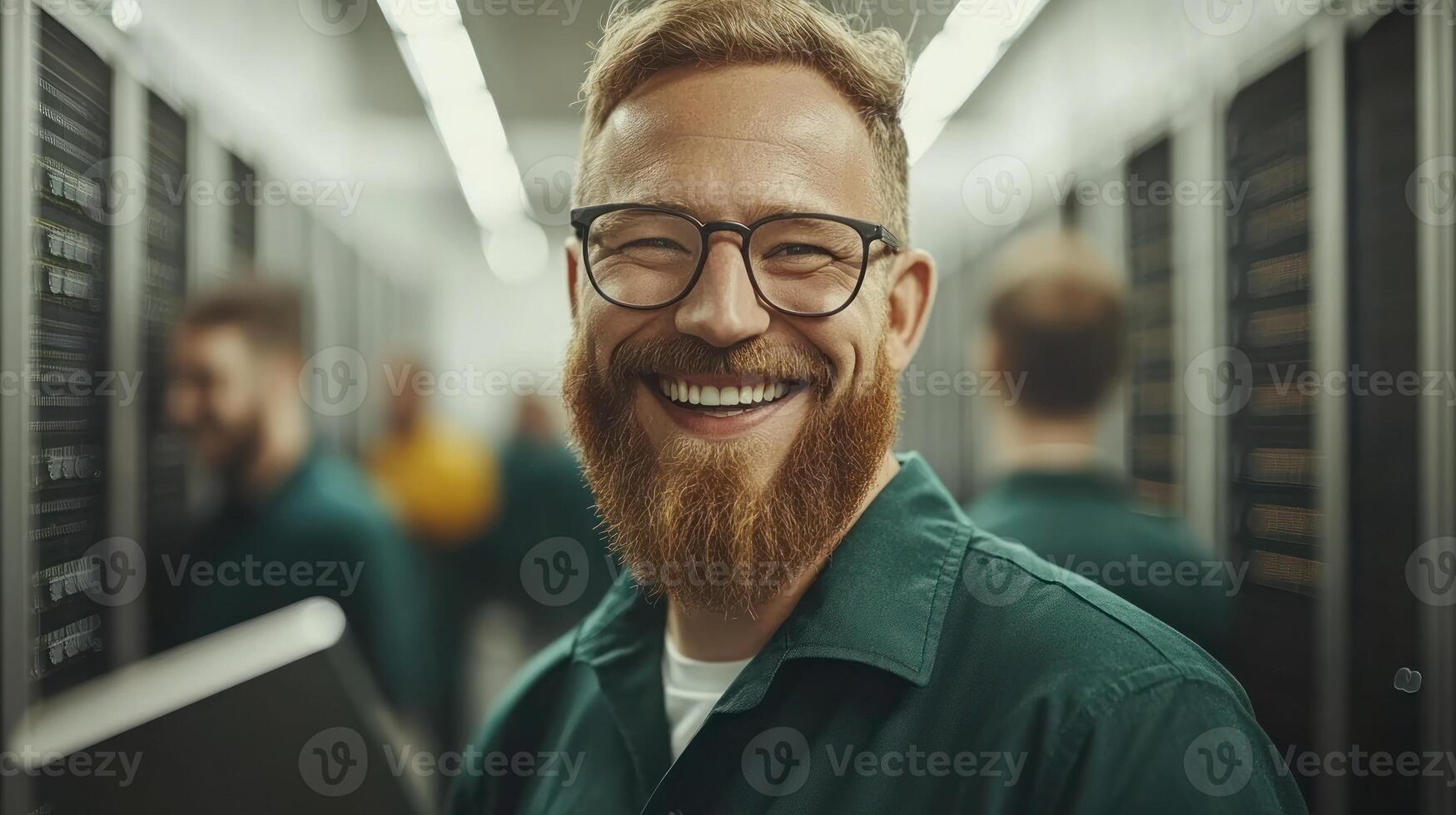 Man with beard and glasses smiles while managing servers in a busy data center environment photo