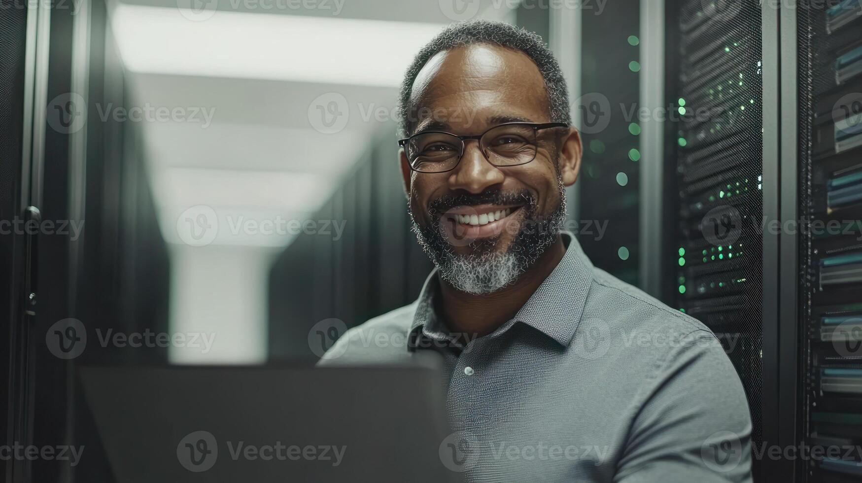 Man with glasses and beard smiles while using laptop in a professional server room setup photo