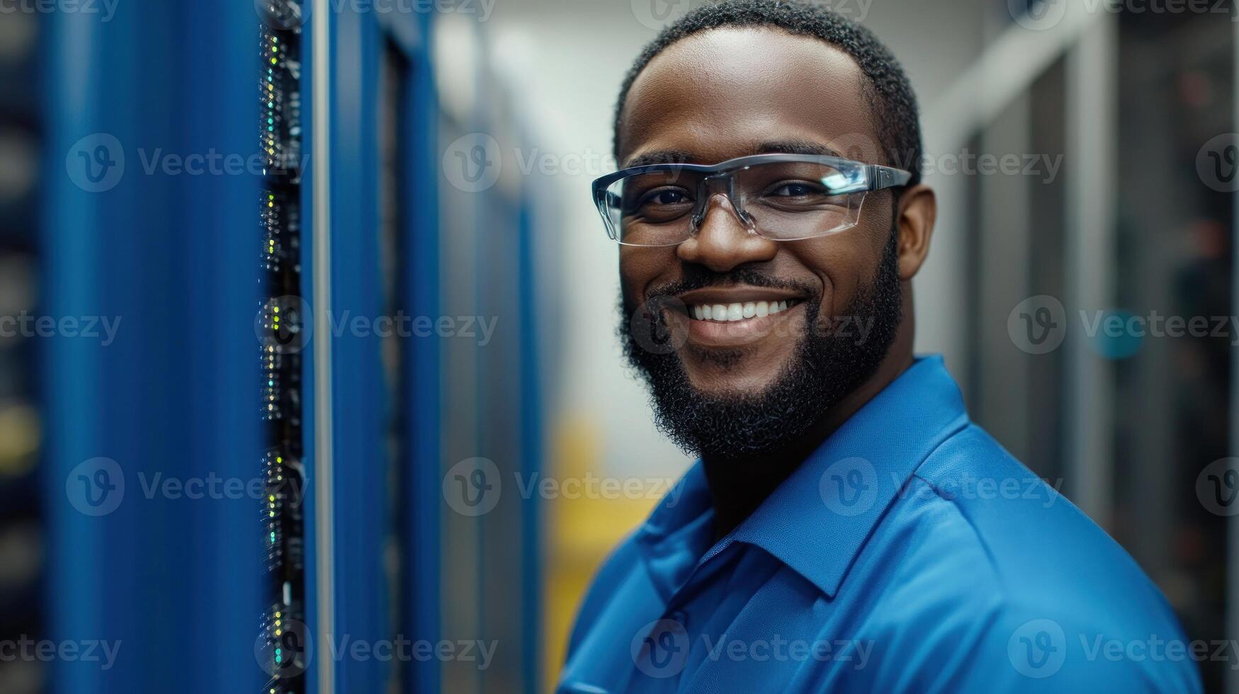 Technician checks server equipment while smiling in a high tech data center environment photo