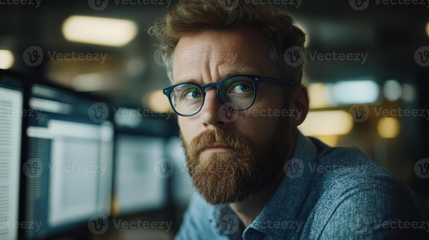 Individual with glasses and a beard concentrates on tasks while illuminated by screens at night photo
