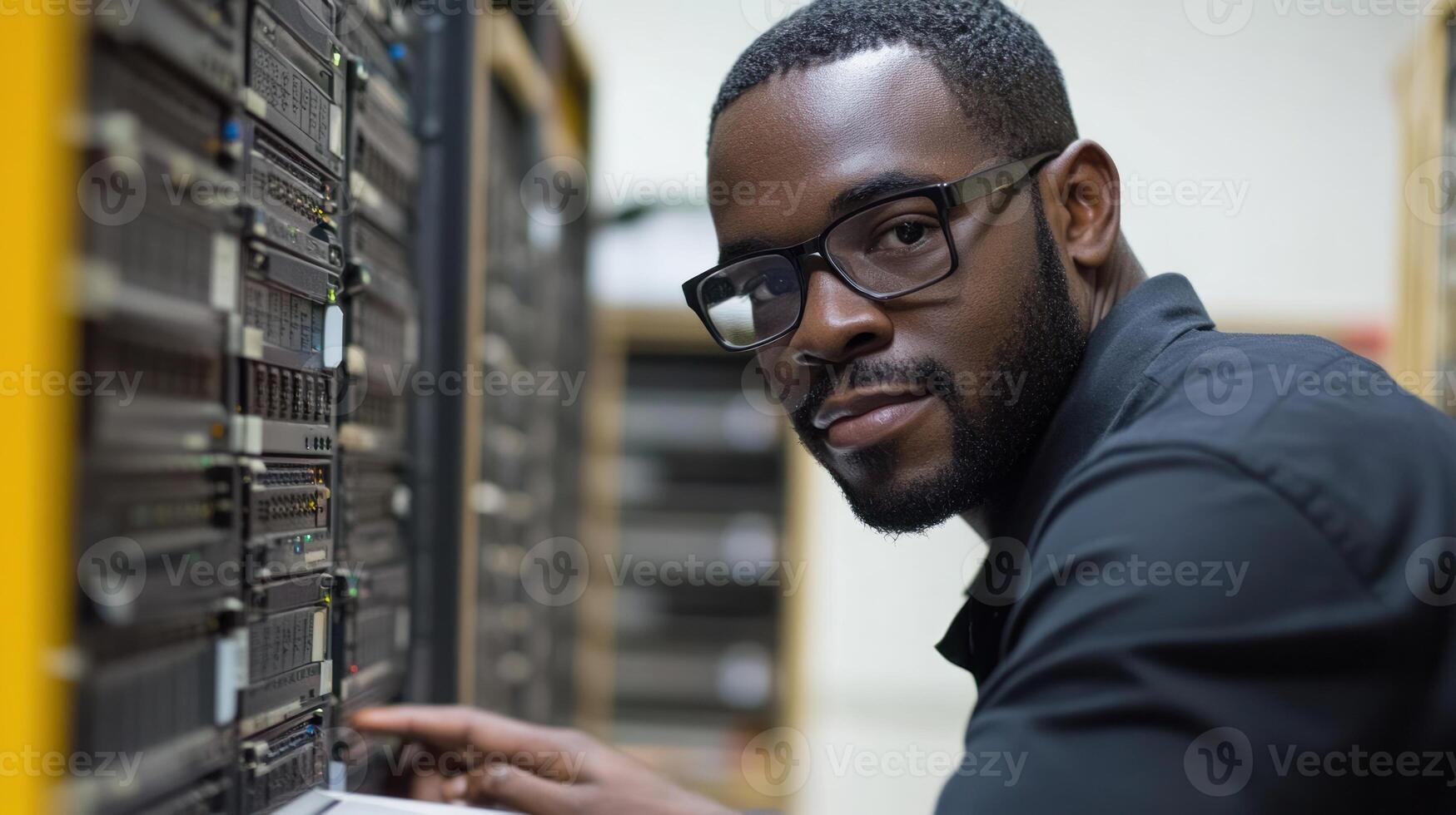 Technician adjusts server equipment in a data center, showcasing expertise and focus on technology photo