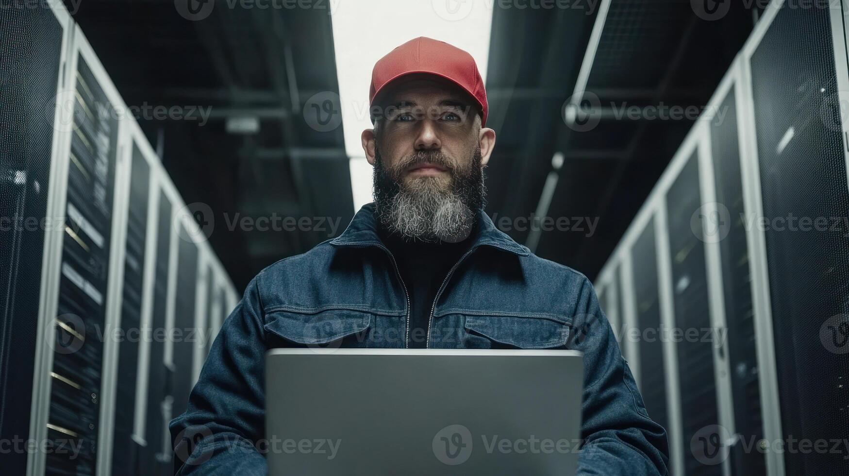 Individual focuses on laptop while standing among rows of server racks in a dark data center photo