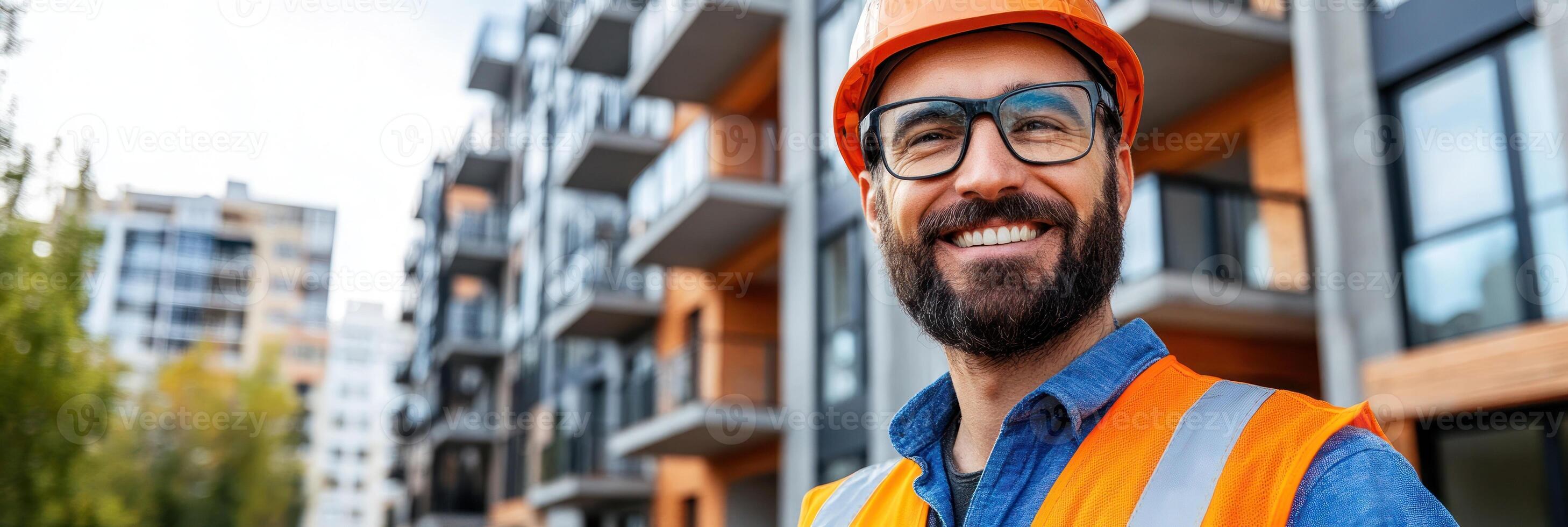 Construction worker stands confidently at the site with modern buildings in the background photo