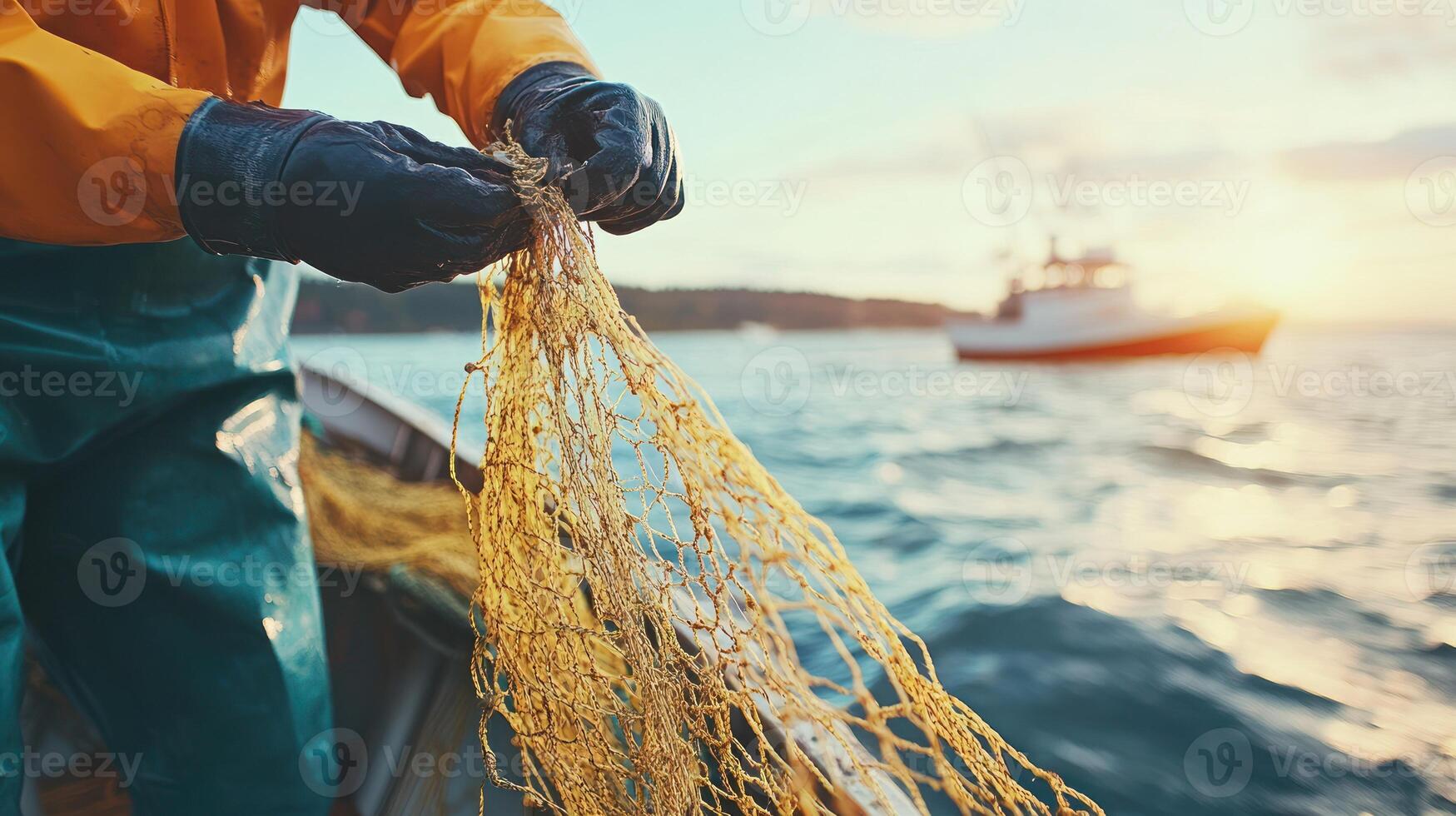 Fisherman carefully untangles a fishing net while enjoying the serene sunset on the water photo