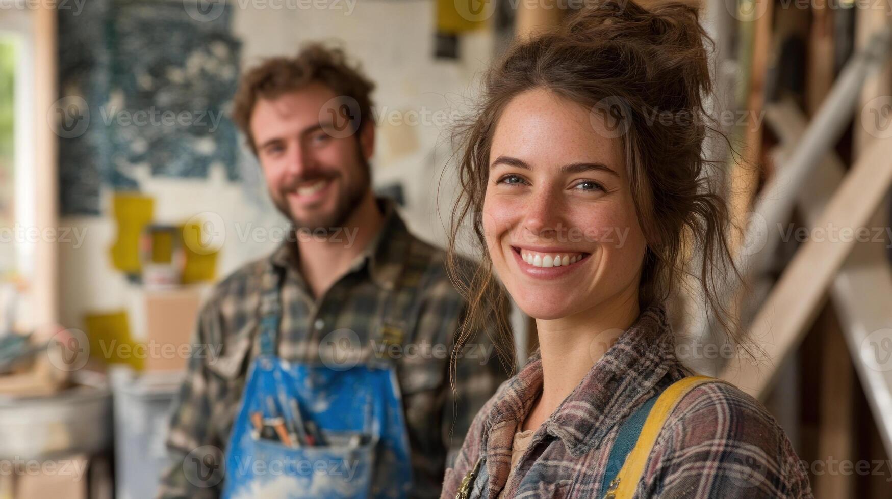 Two smiling artists pose in a workshop filled with tools and colorful materials photo