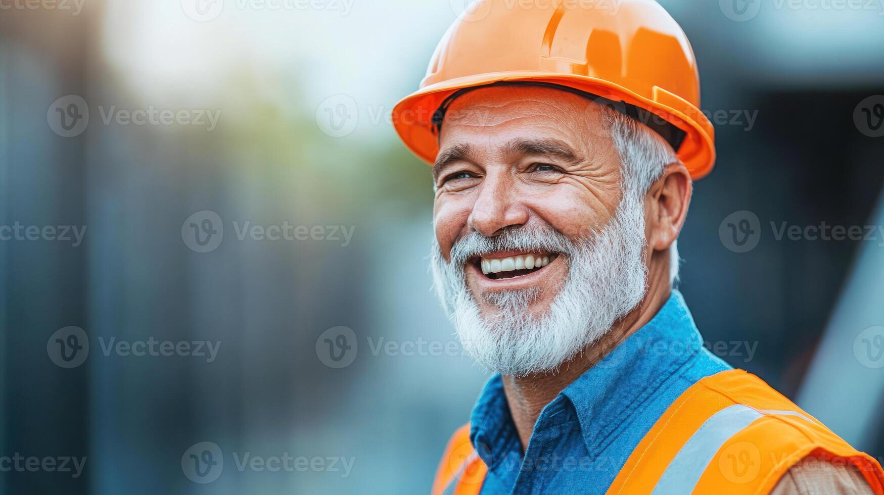 Happy older construction worker stands at a job site wearing a safety vest and hard hat photo
