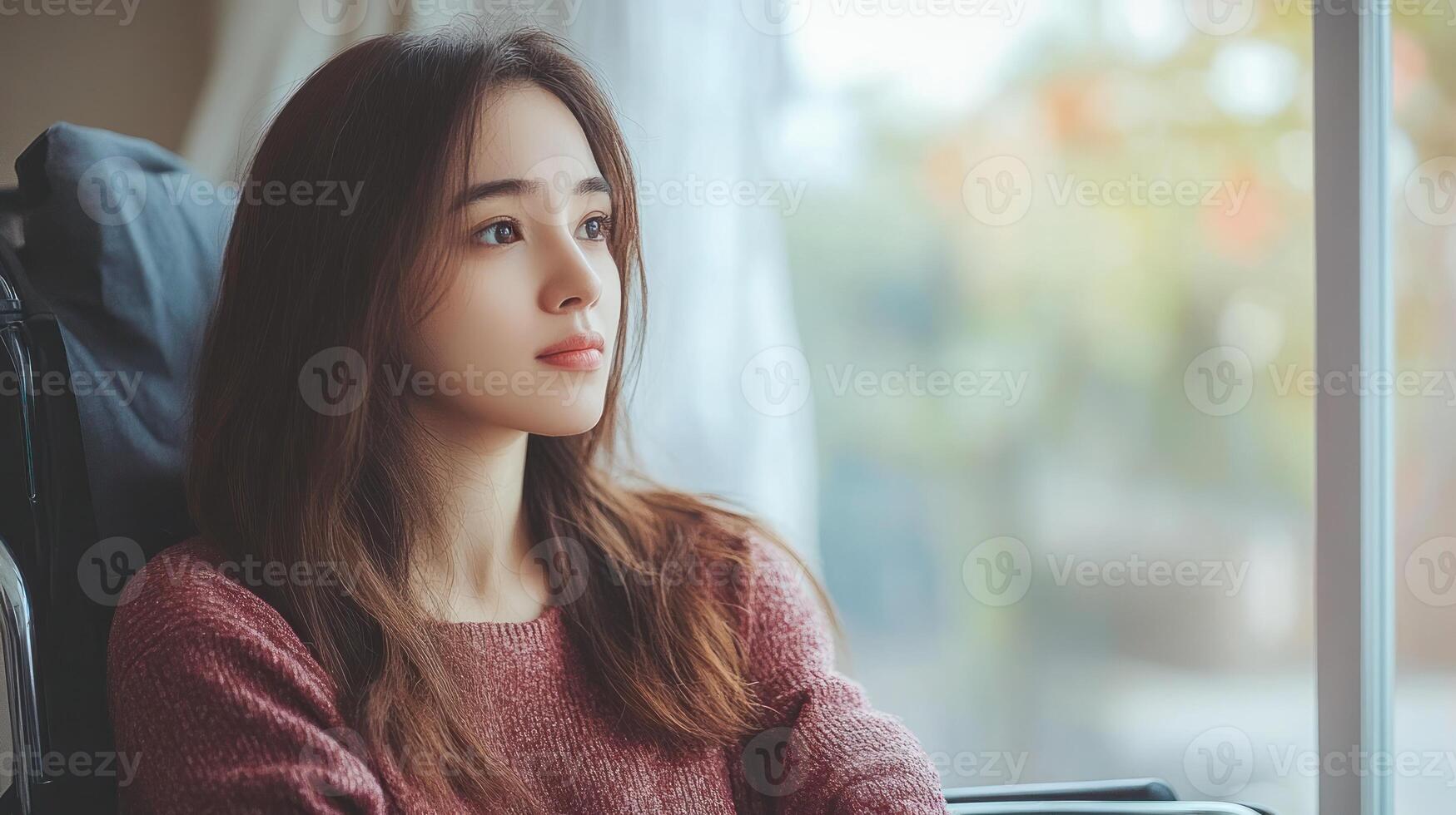 A woman in a wheelchair reflects quietly while looking out a window on a serene afternoon photo