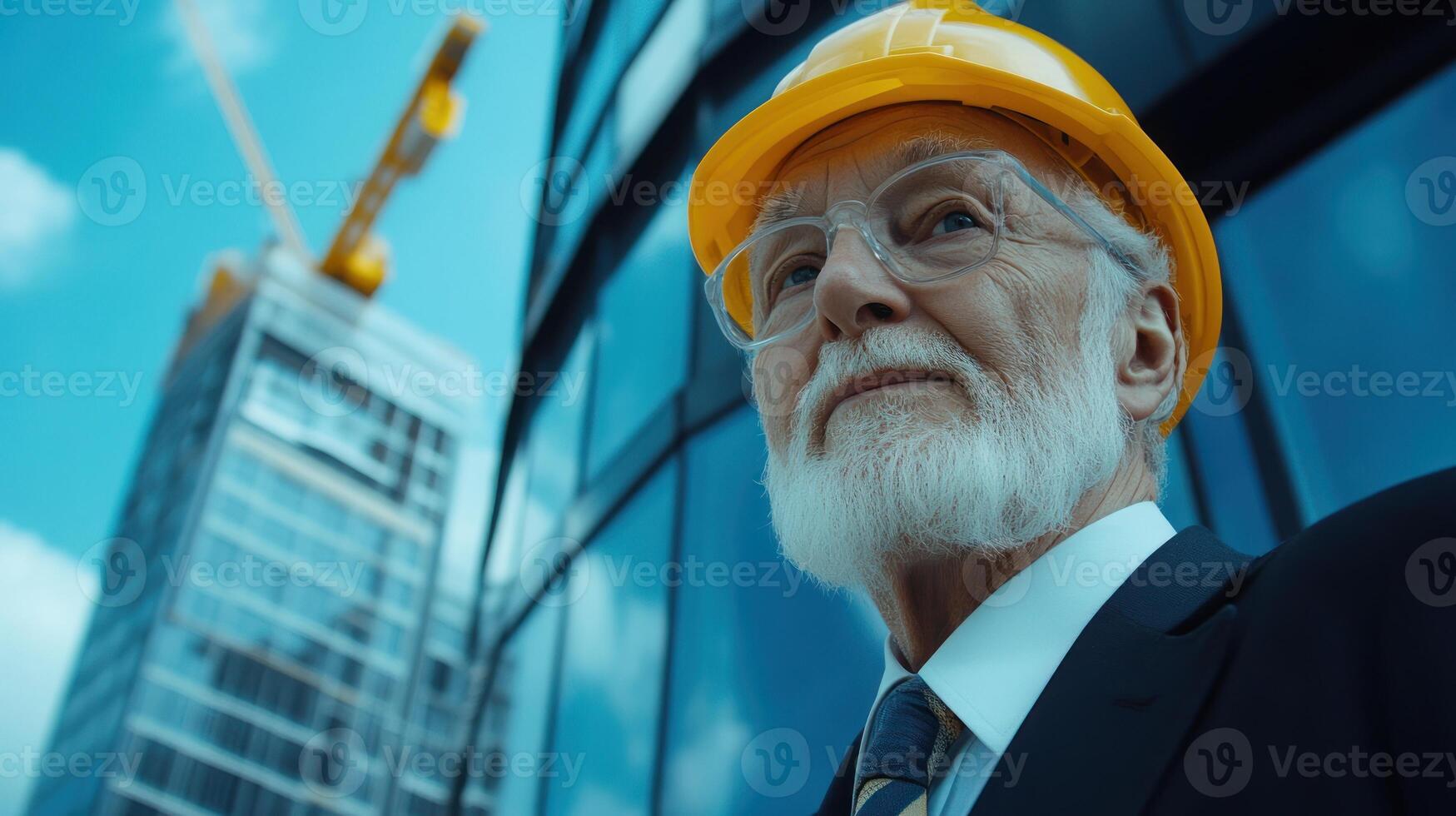 Construction manager in a hard hat supervises building progress at a city site during daytime photo