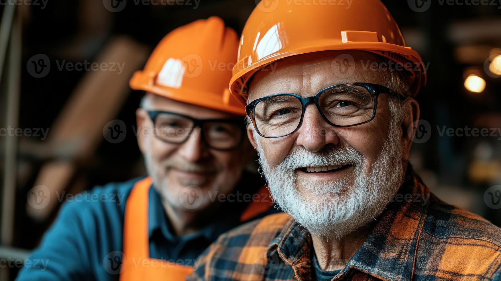 Two older men in hard hats and safety glasses smile while working at a bustling construction site photo