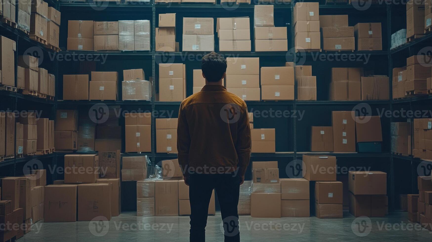 A person stands in a warehouse inspecting numerous stacked cardboard boxes in the evening photo