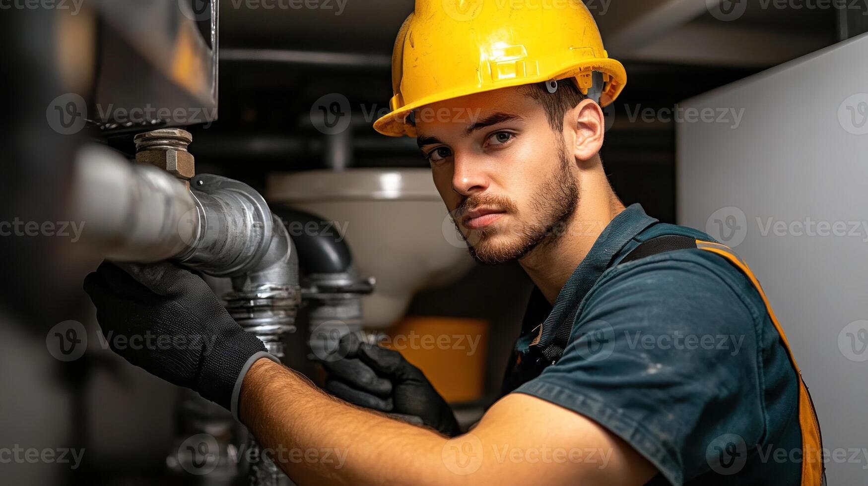 Skilled plumber inspects pipes in a basement, wearing gloves and a hard hat while focused and alert photo