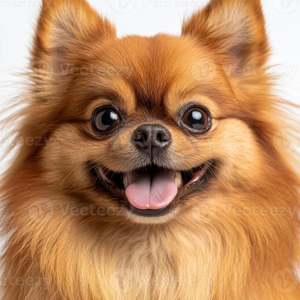 A happy pomeranian dog showcases its fluffy coat and playful personality, smiling brightly at the camera photo