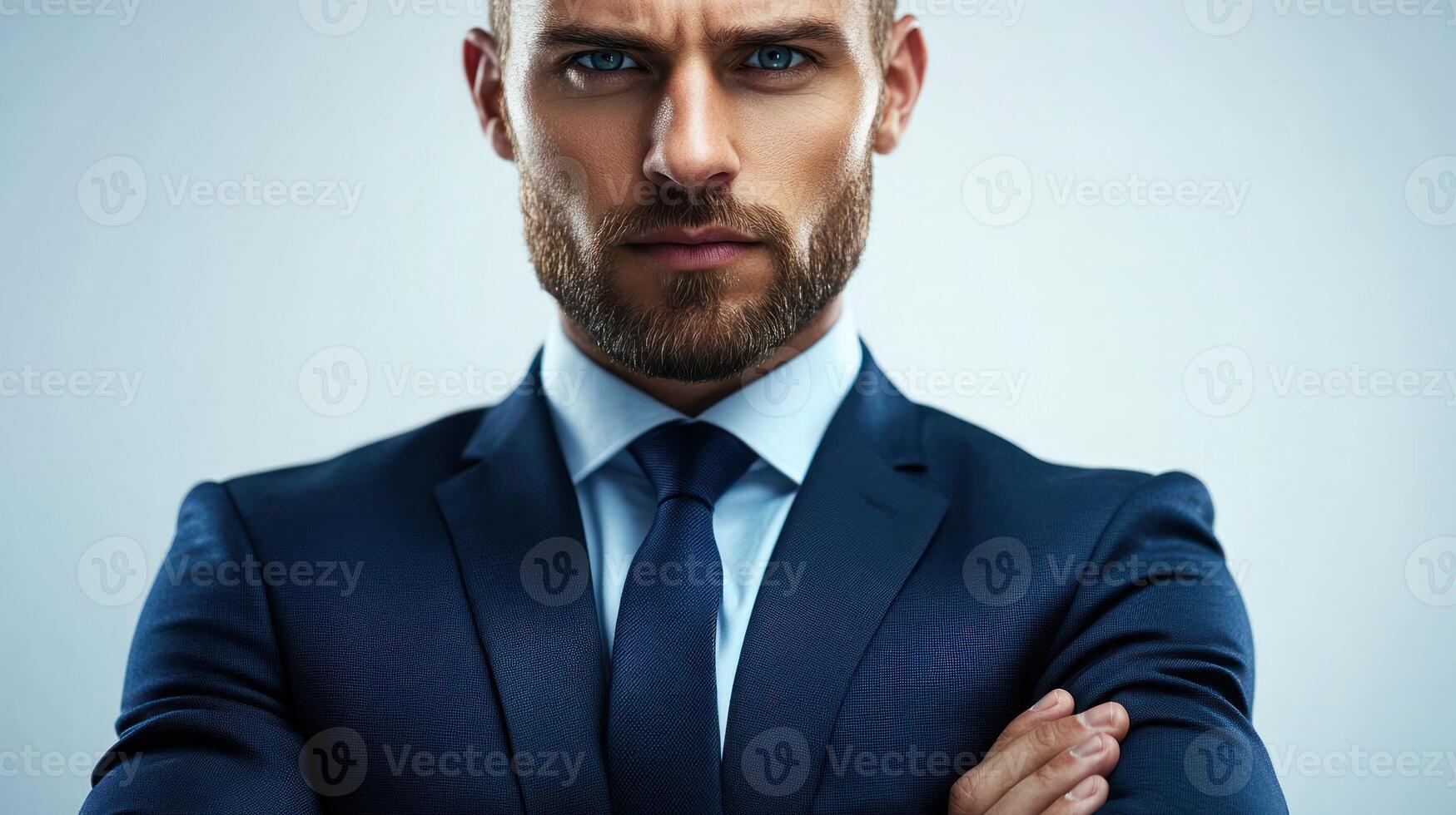A young man stands with arms crossed, wearing a tailored suit and projecting confidence and professionalism photo