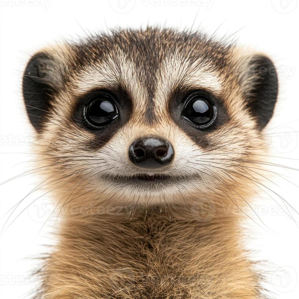 A curious meerkat gazes at the viewer with its large, bright eyes and a charming expression photo