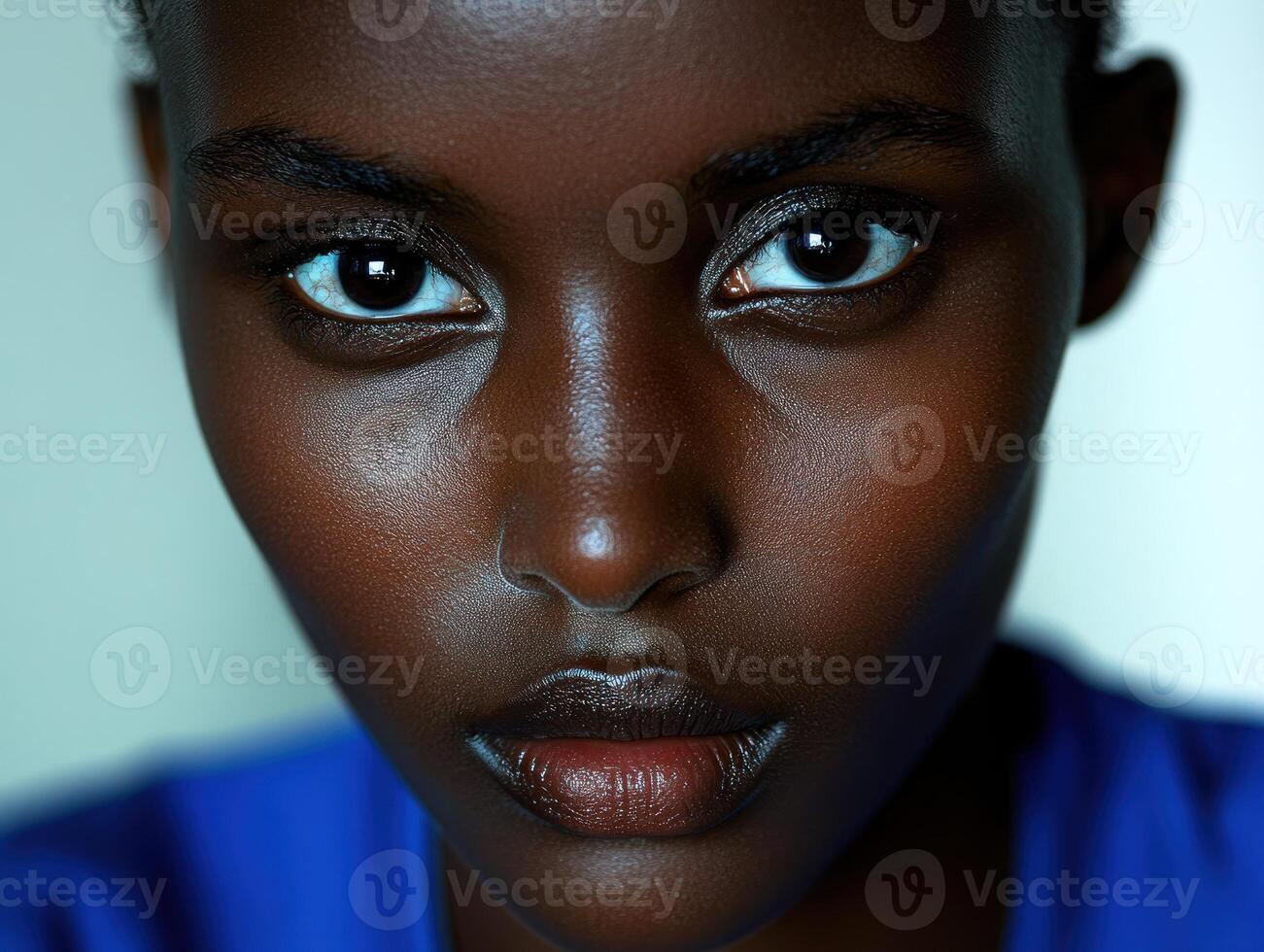 Intense expression of an individual showcasing captivating eyes and smooth skin in natural light photo