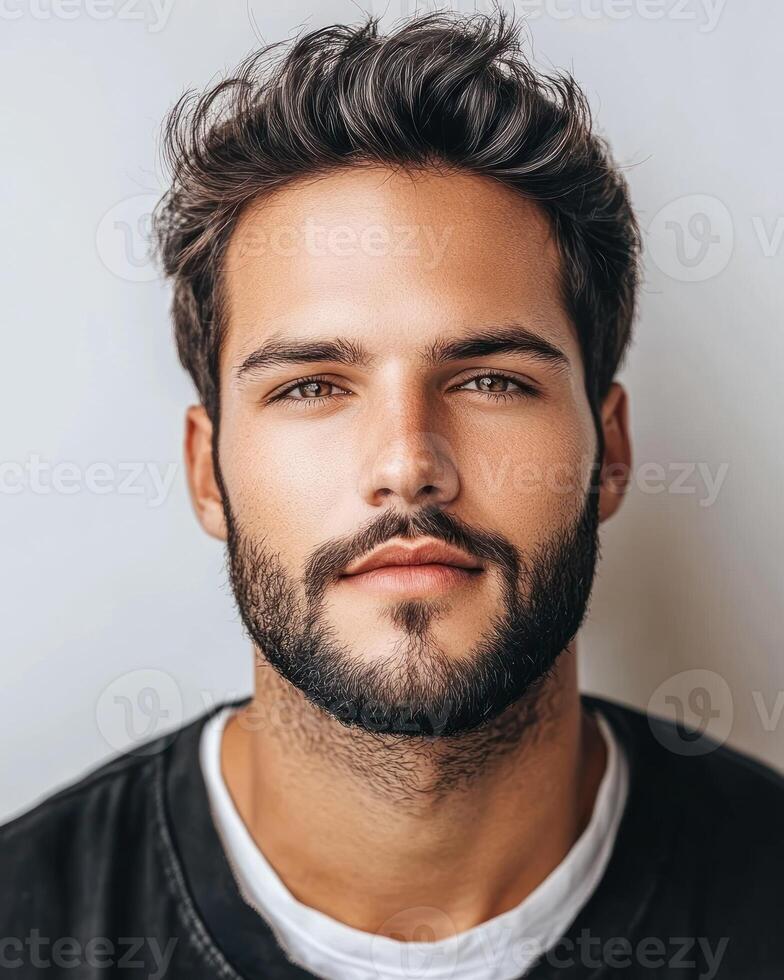 A well groomed man showcases his youthful charisma in a clean, minimalist environment photo
