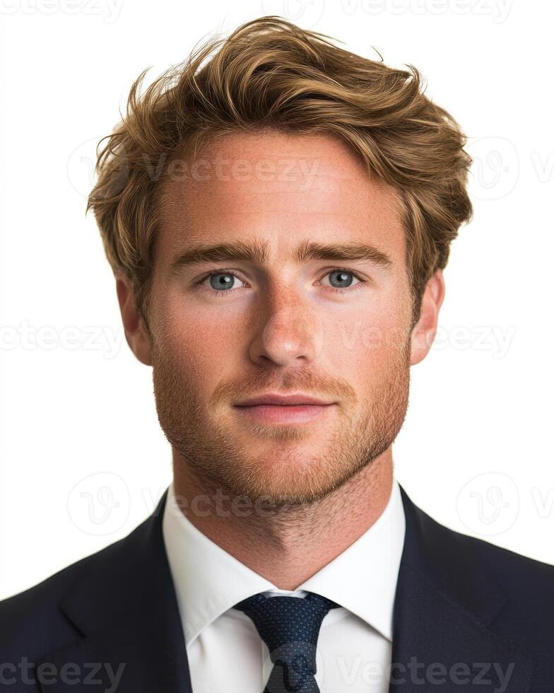 Young man poses confidently in suit and tie with well groomed hair, showcasing a professional look photo