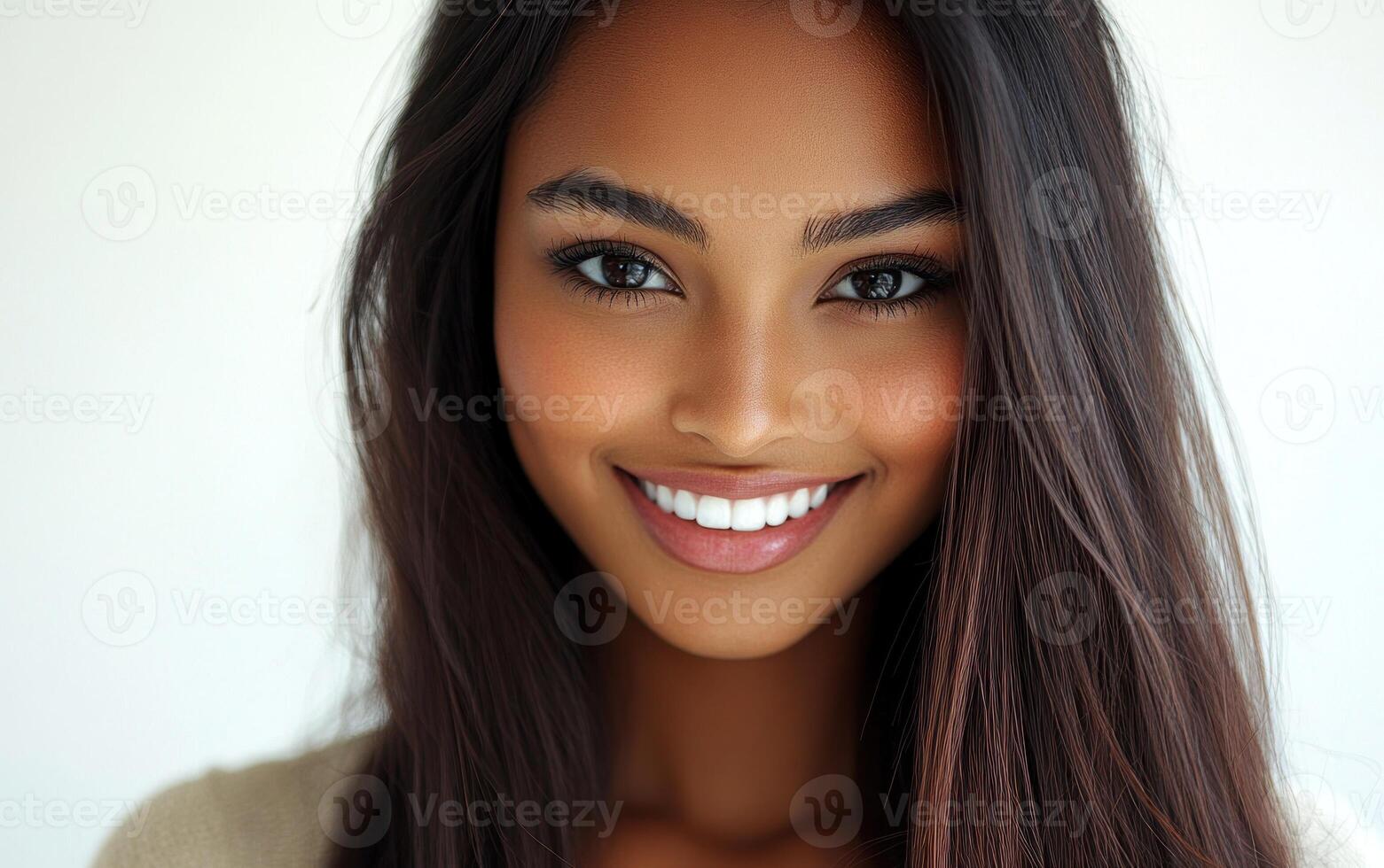 A woman with long dark hair smiles brightly while displaying her radiant confidence in a relaxed setting photo
