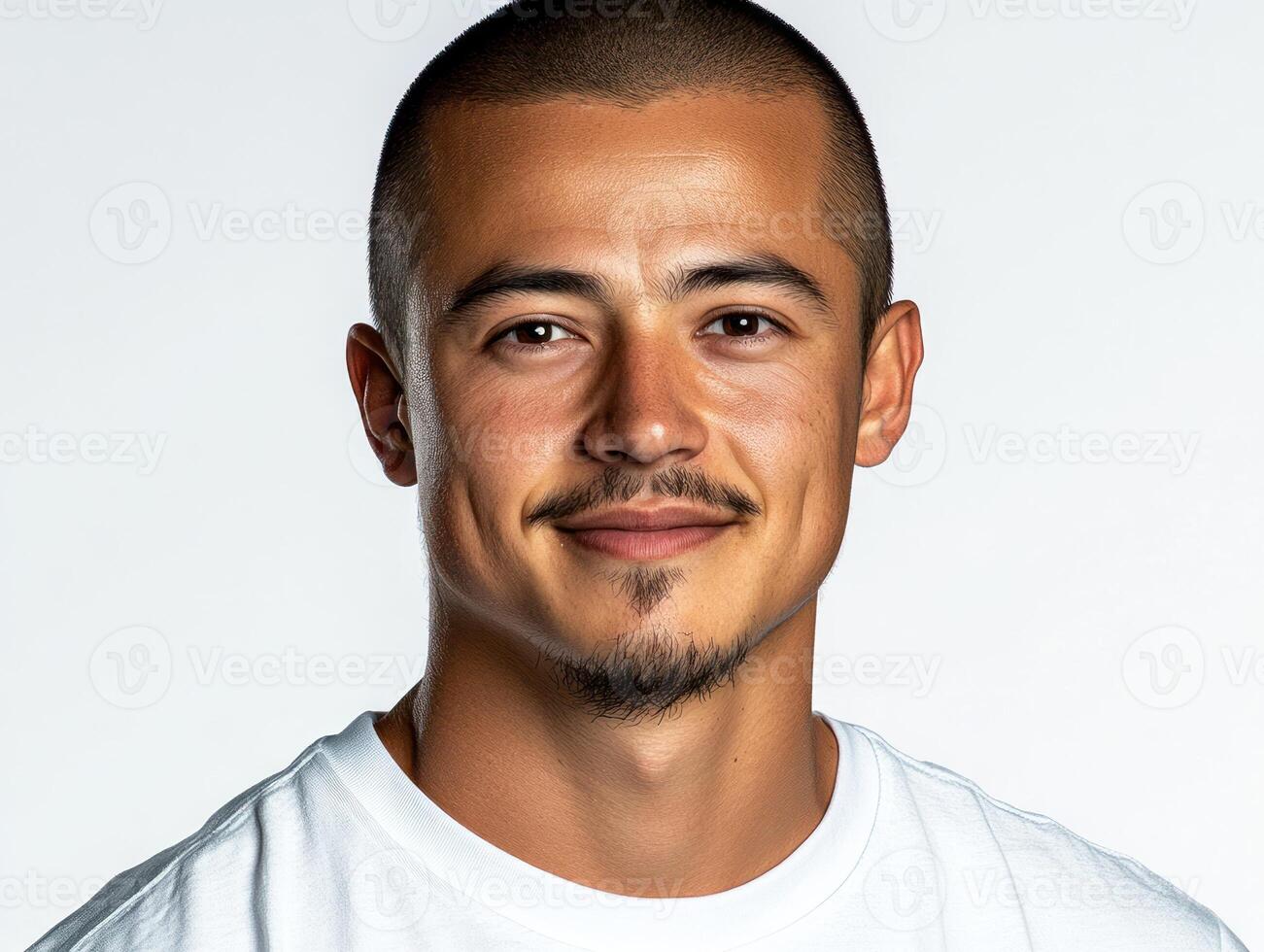 A young man smiles warmly while dressed casually in a white t shirt, showcasing a confident demeanor photo