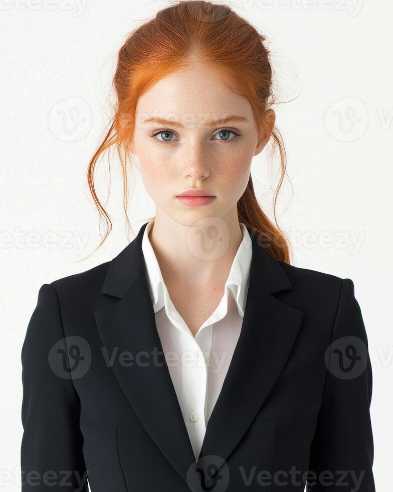 A young woman stands confidently in a business suit, showcasing her striking red hair and focused demeanor photo