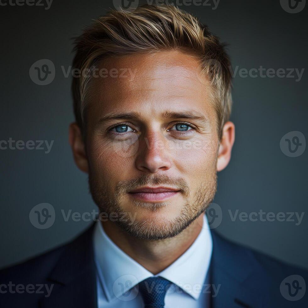 Young man in stylish suit and hair, confidently lit by evening light photo