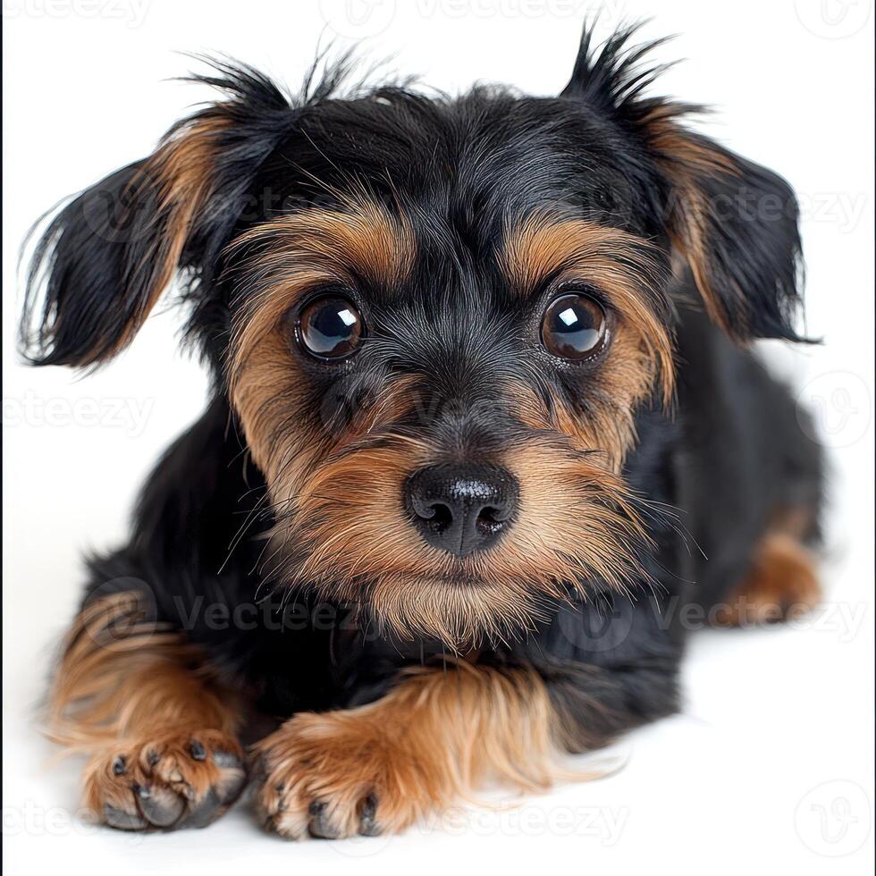 A small dog with a shiny coat poses with an inquisitive look in a well lit area photo