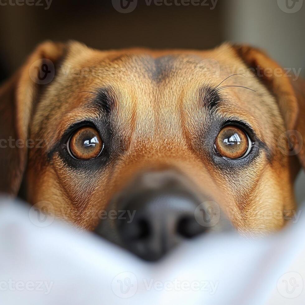 A dog gazes curiously with bright eyes while resting indoors under soft light photo