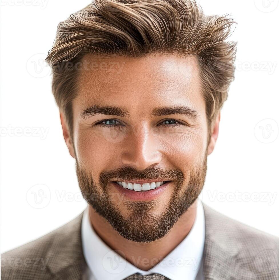 Man exudes confidence with a warm smile, dressed in a suit, framed by a bright and simple background photo