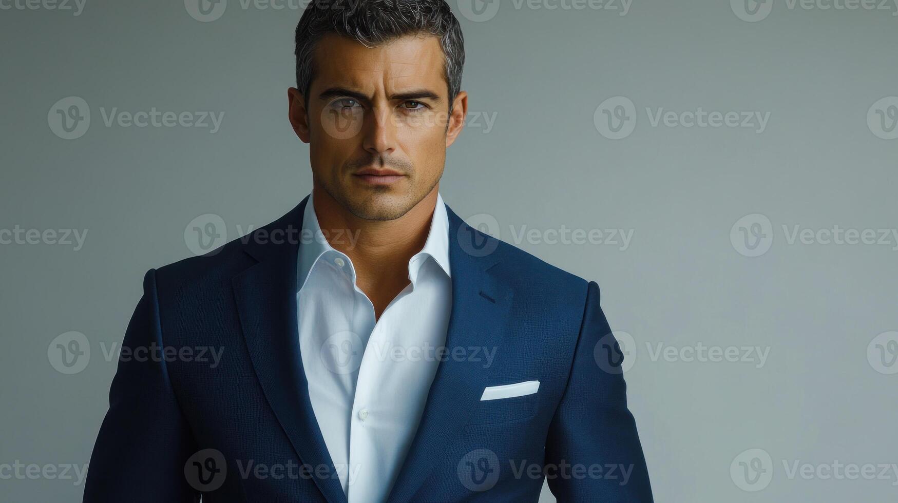 Man dressed in a fitted blue suit stands with a serious expression against a smooth background photo