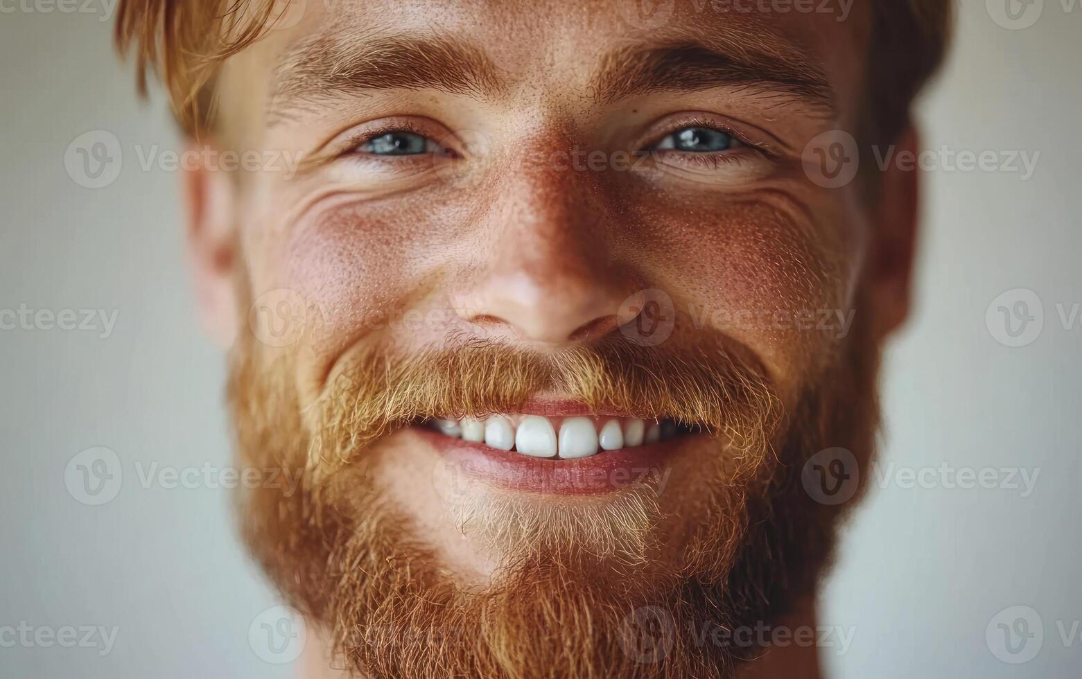A joyful man with a red beard and blue eyes smiles broadly, radiating positivity and warmth photo