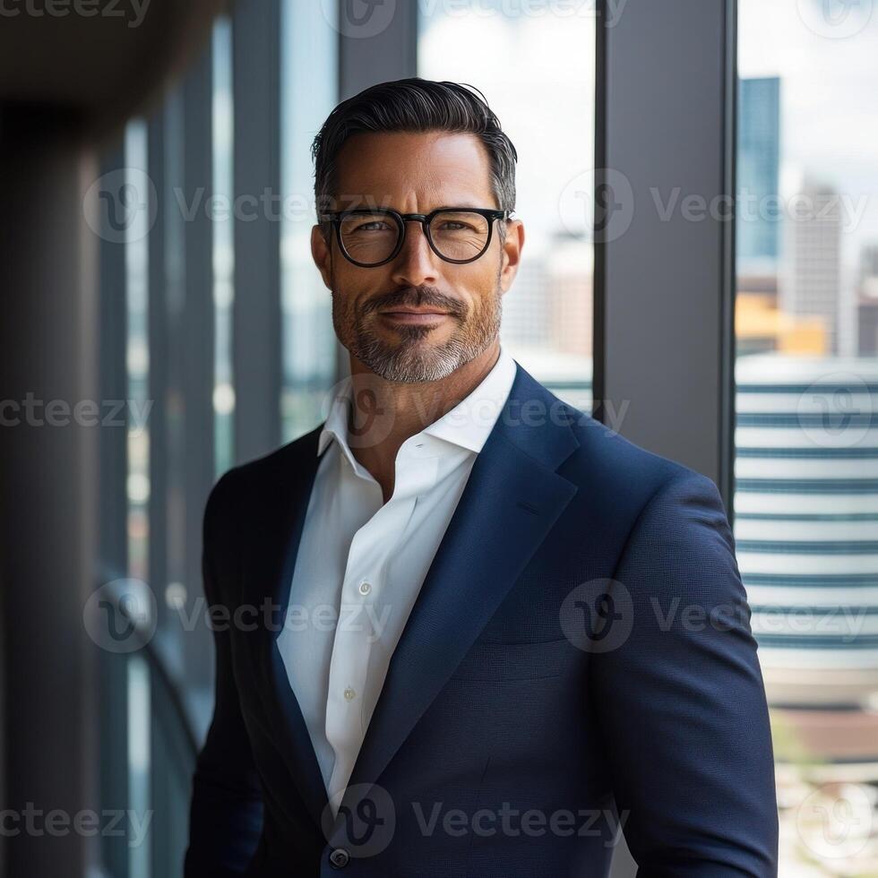 A man in a dark suit stands by a window, exuding confidence with a view of the bustling city photo