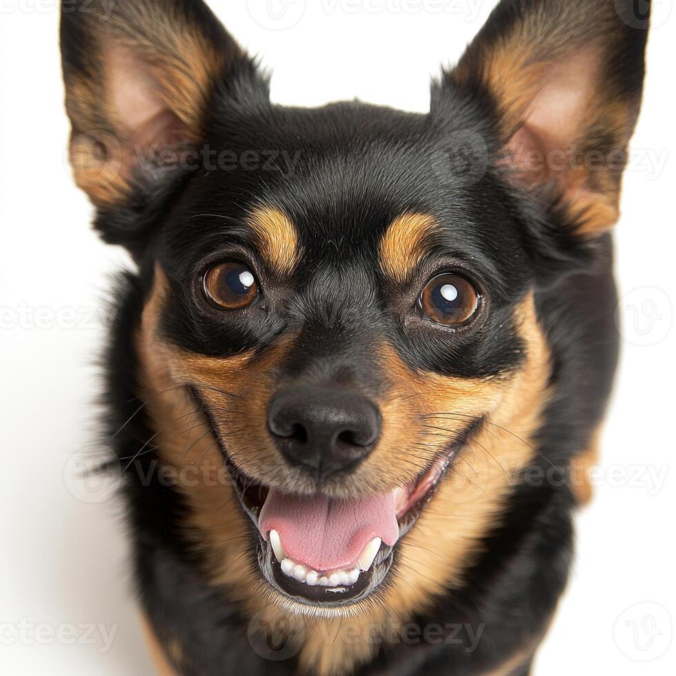 Small dog with black and tan fur enjoys being photographed indoors under bright lighting photo