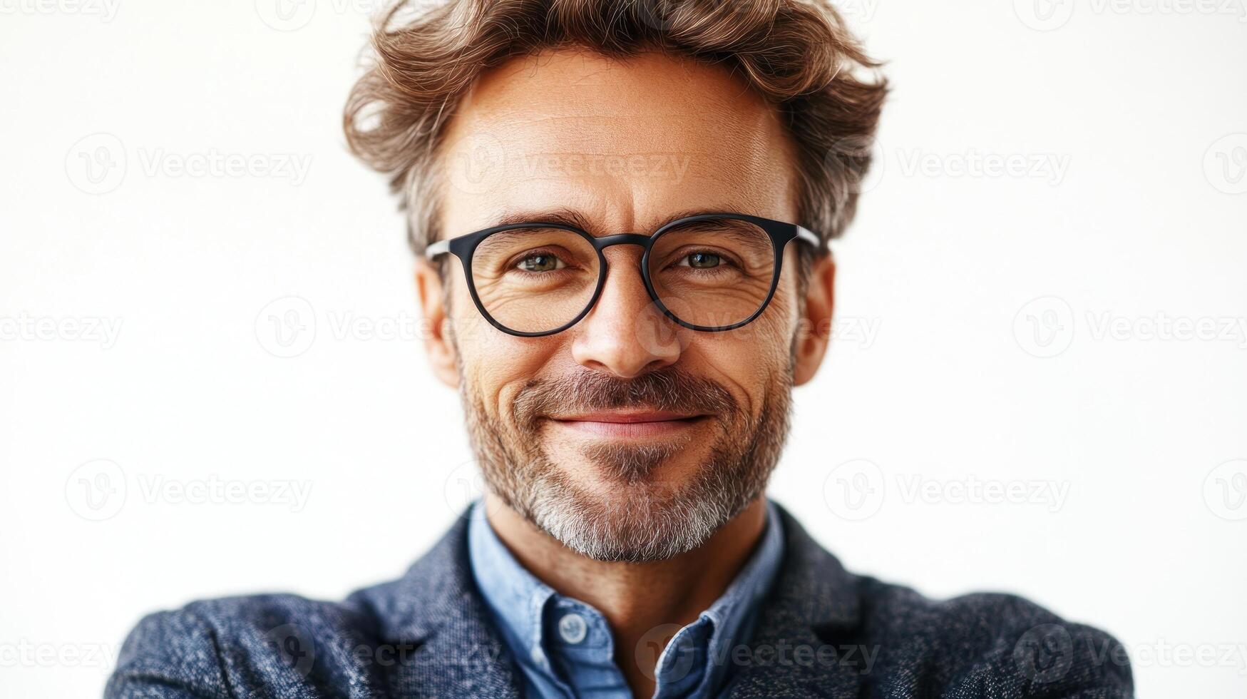 Man with curly hair and stylish glasses smiles warmly while standing indoors photo