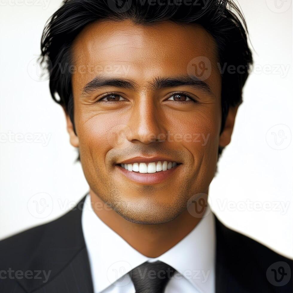 A man in a suit is smiling confidently with a well groomed appearance in bright light photo