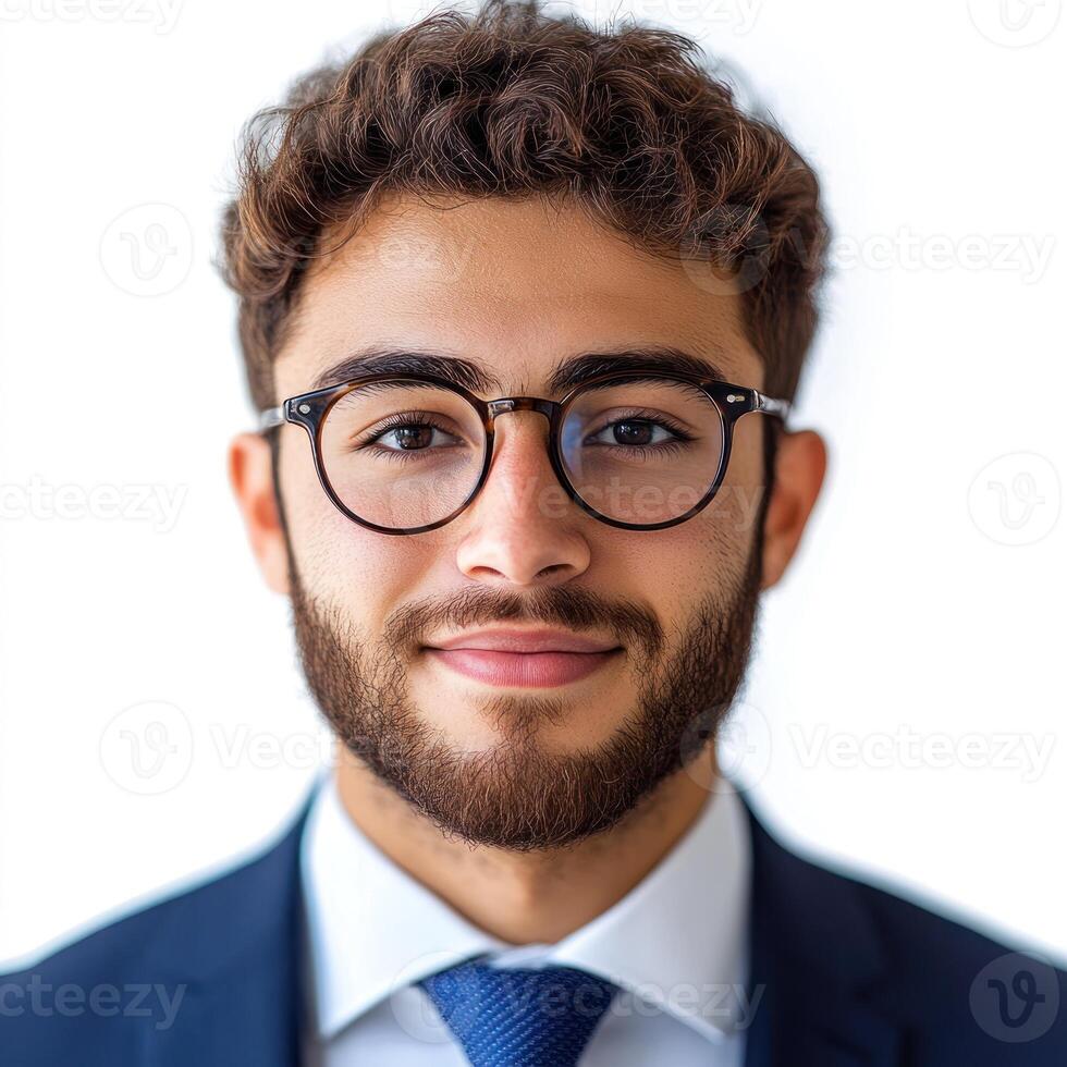 A young man with curly hair and glasses smiles, exuding confidence in a formal suit with a tie photo