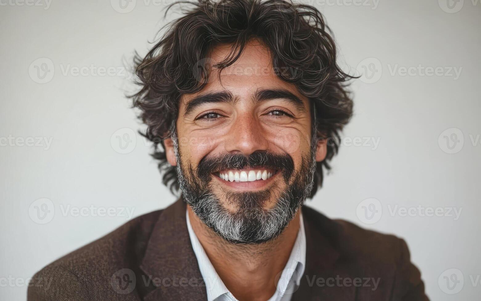 Man with curly hair and a beard smiles warmly while wearing a brown jacket, showing joy and confidence photo