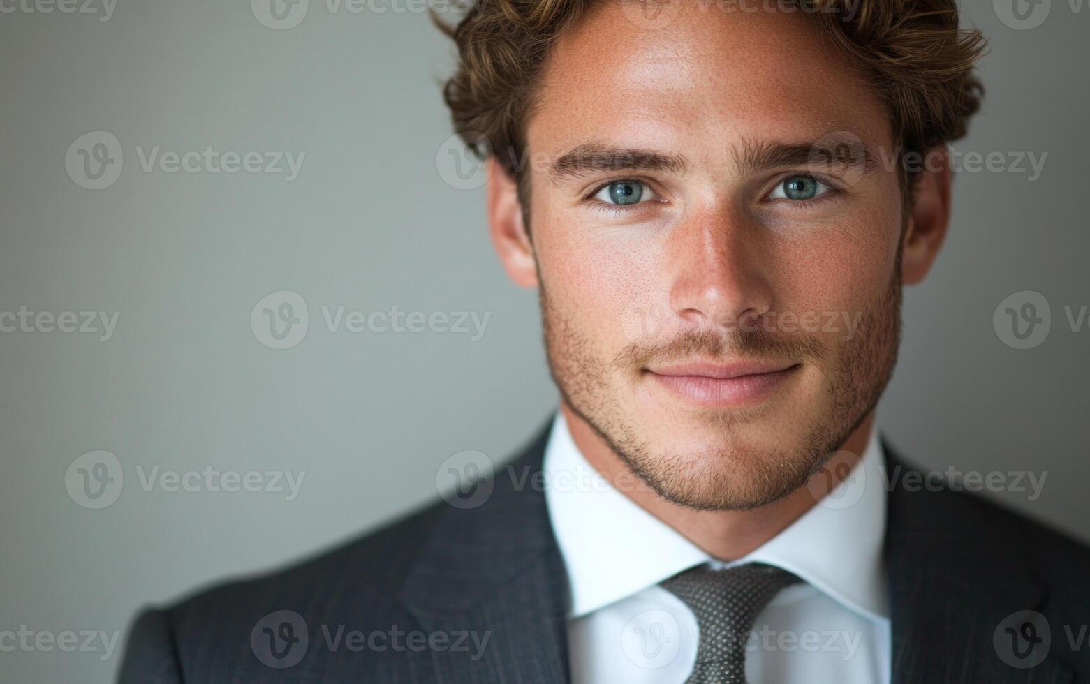 Young man with curly hair smiles confidently while dressed in a tailored suit in a professional environment photo