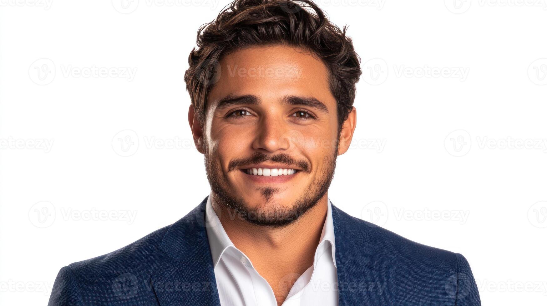 Man shows a confident smile while dressed in a blue suit with a white shirt in an illuminated studio photo