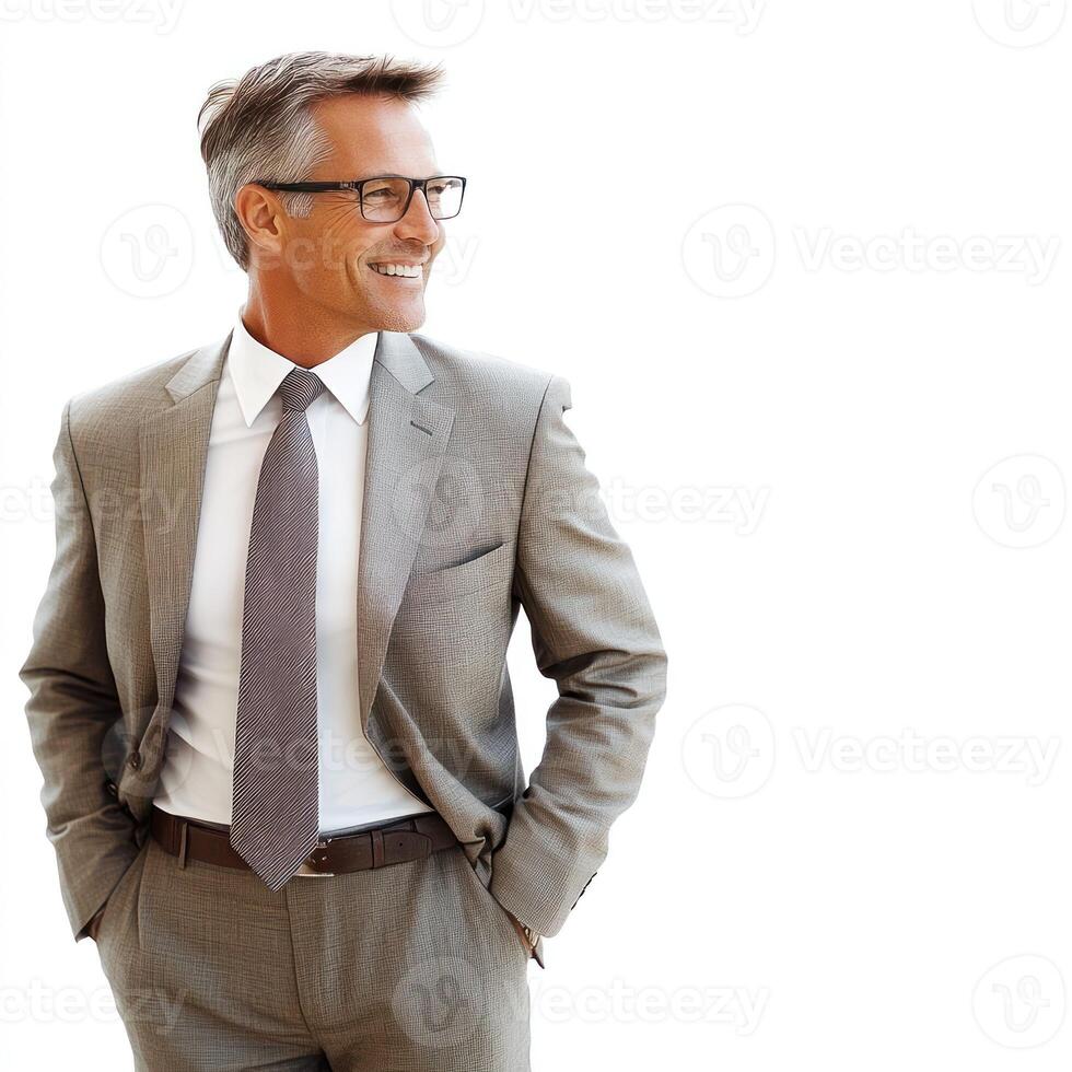 Confident man dressed in a suit stands with hands in pockets, smiling brightly in a welcoming environment photo