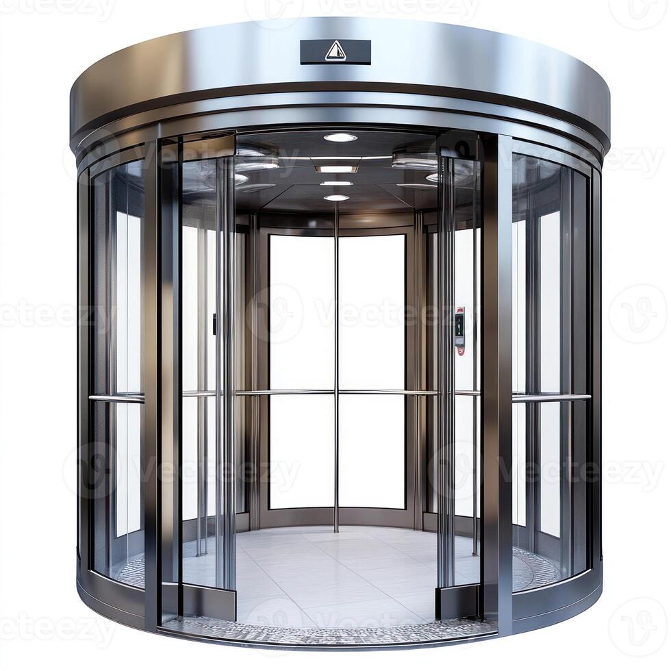 A sleek revolving door invites visitors into a modern building with large glass panels photo