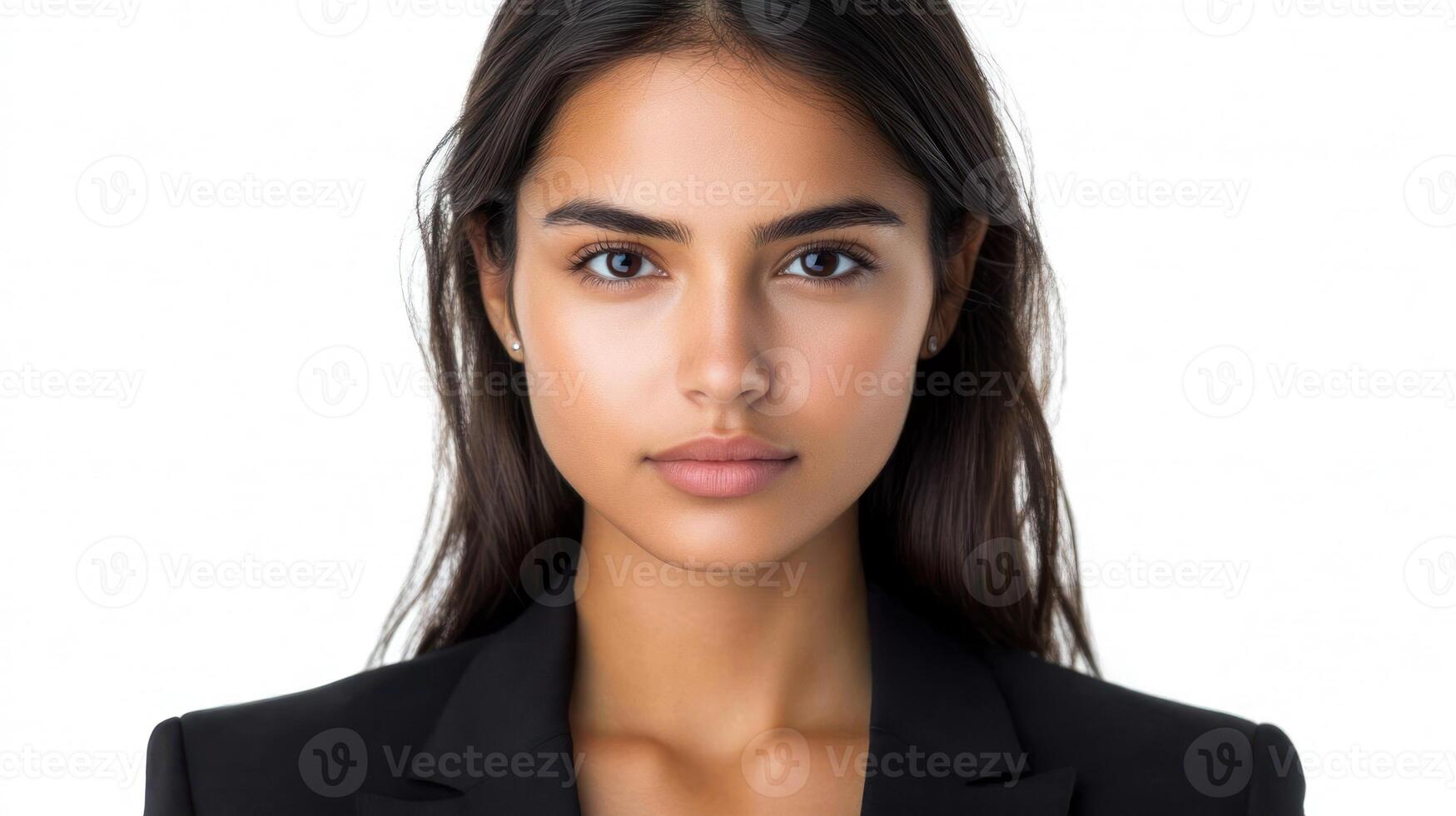 Young woman shows confidence and poise while maintaining a serious expression in front of white background photo