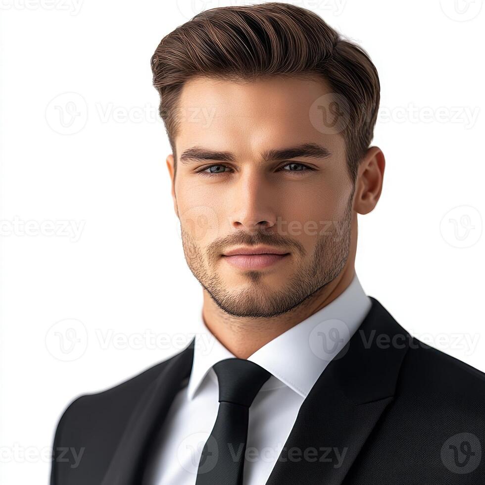 A man dressed in a suit and tie poses confidently against a plain background photo
