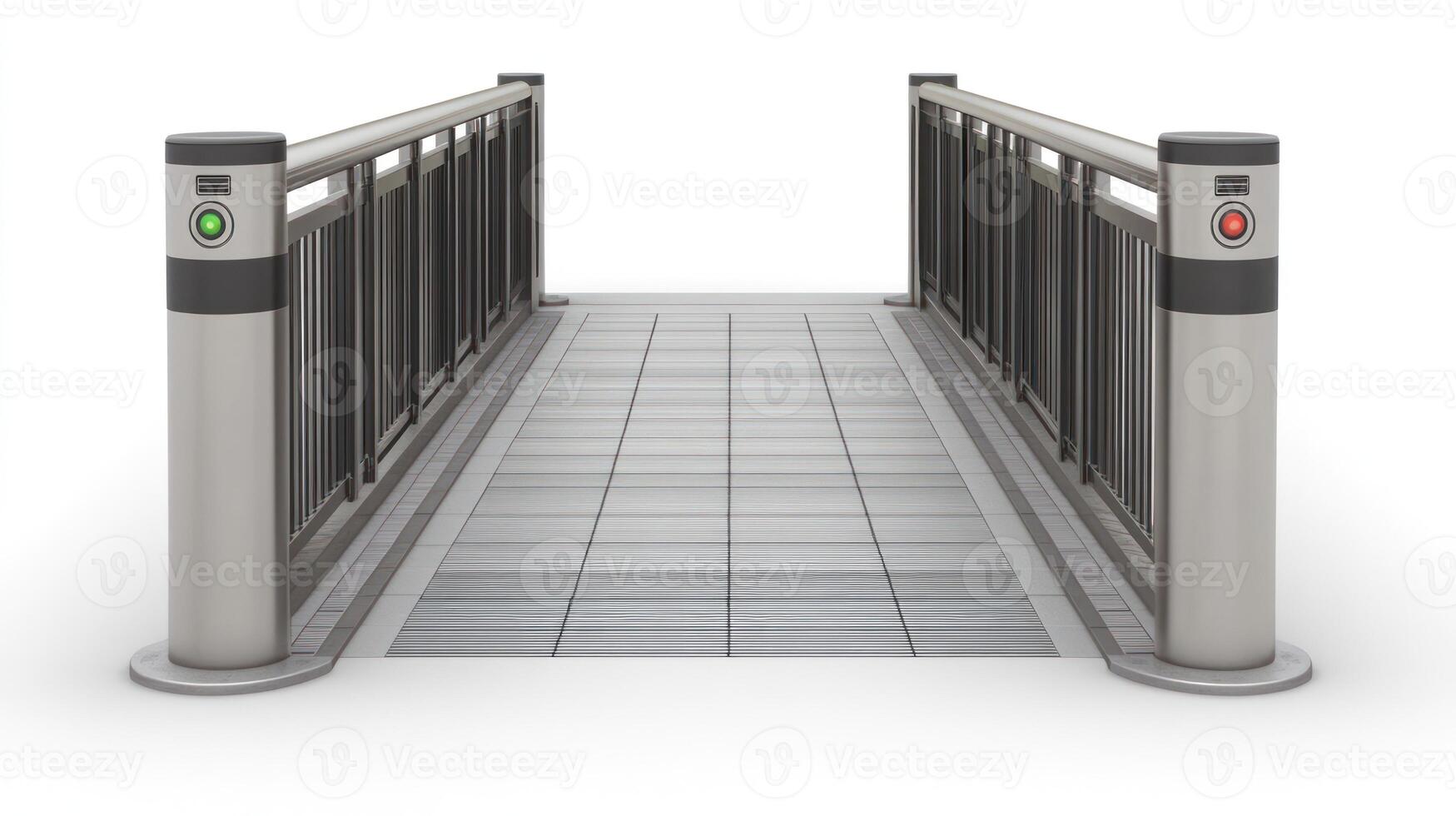 Pedestrian bridge features bright safety signals, providing a secure crossing between city locations photo