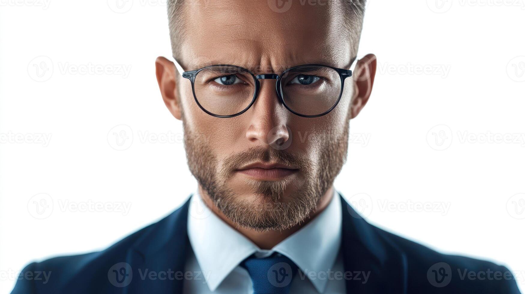 A young man with glasses demonstrates confidence while dressed in formal attire against a bright background photo