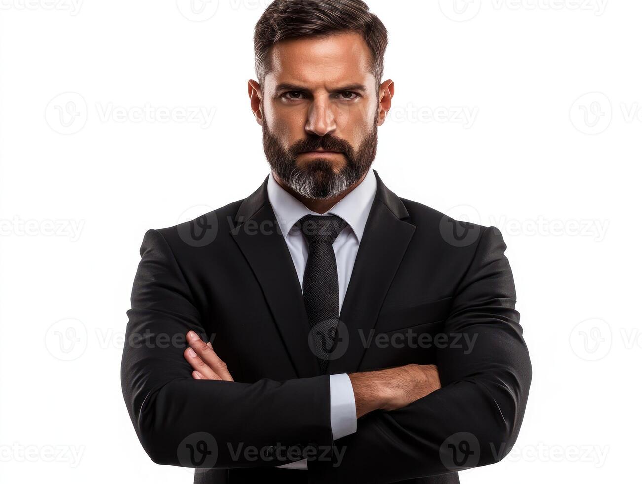 Man dressed in a formal suit stands confidently with arms crossed, exuding professionalism and authority photo