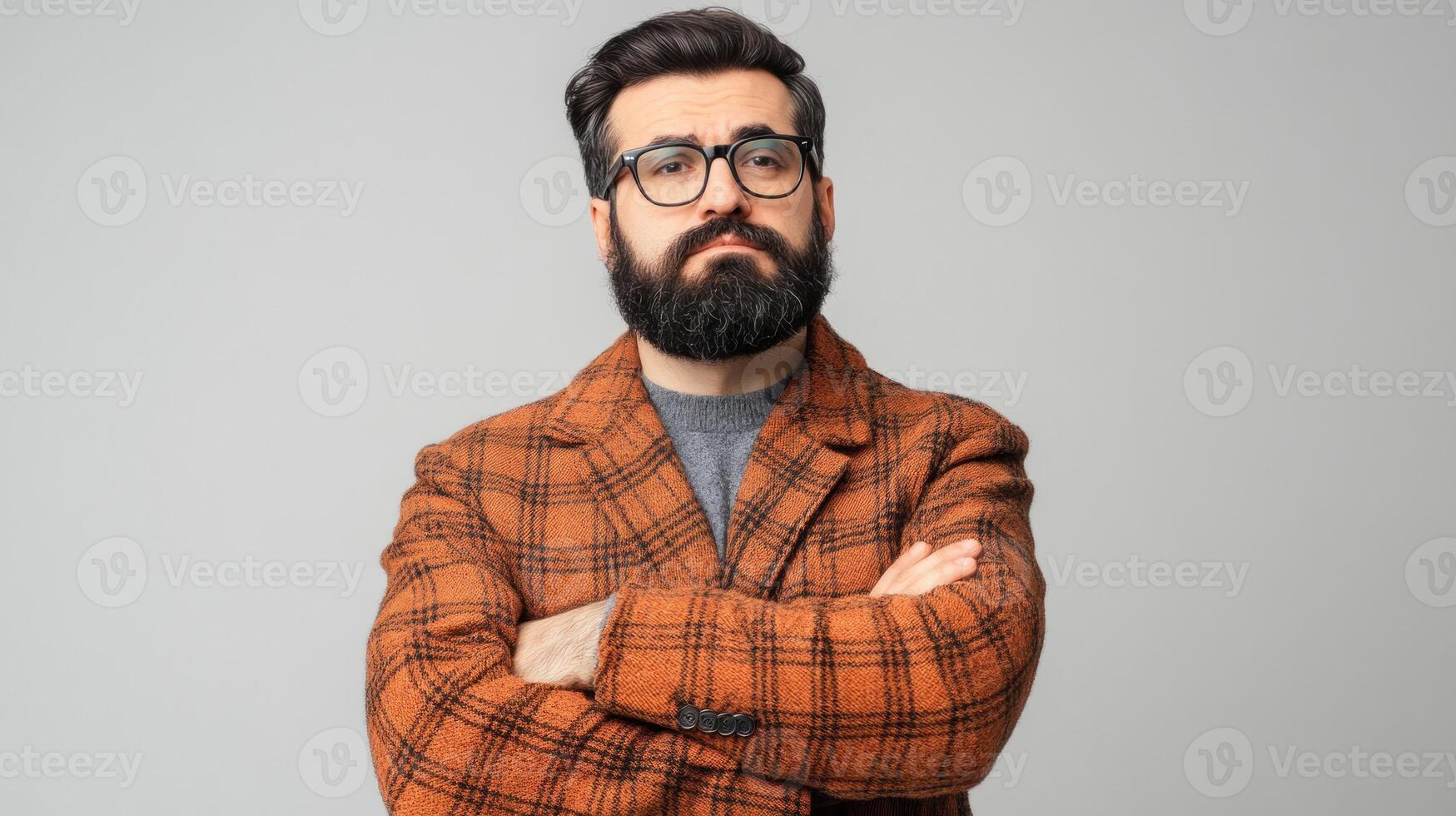 A man with a beard stands with crossed arms, wearing a plaid coat and glasses, displaying confidence photo